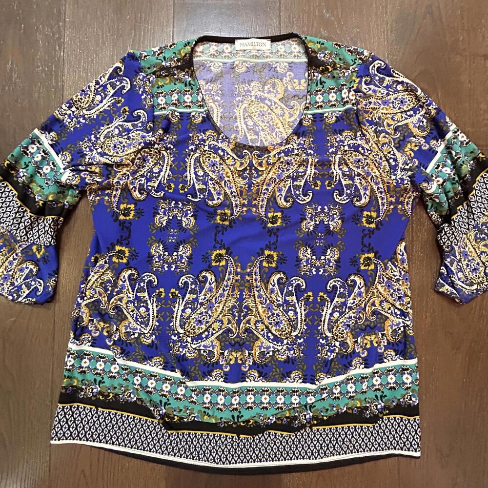 Hamilton Boho Blue Paisley Print Short Sleeve Blouse Women's Size Large